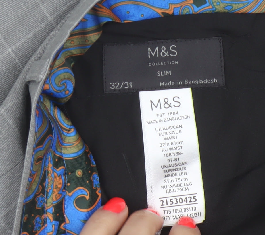 Marks and Spencer Men's Grey Check Slim Fit Dress Pants 32W 31L