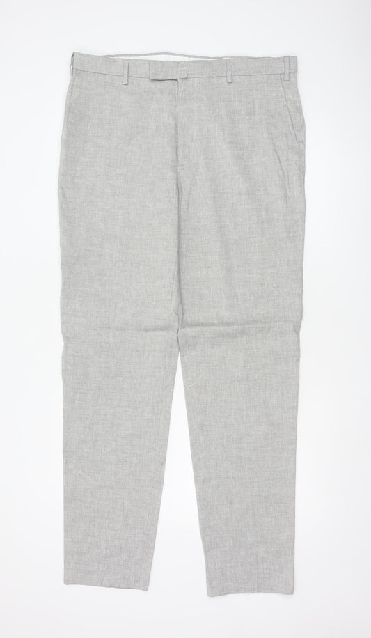 Marks and Spencer Mens Grey Linen Blend Tailored Chino Trousers 36W 36L