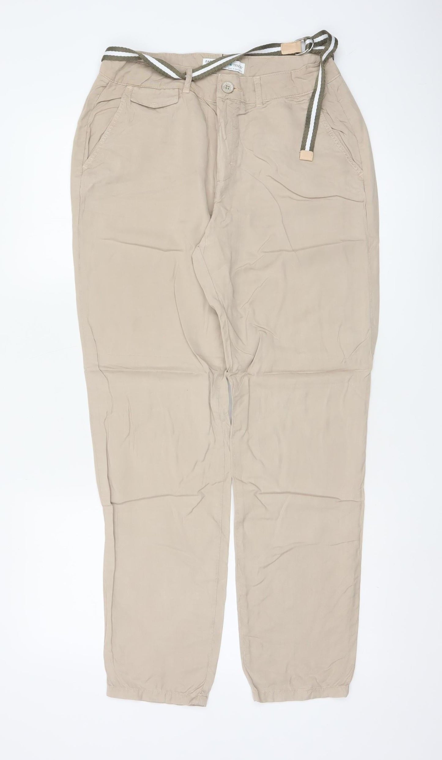 Zara Women’s Beige Lyocell Chino Trousers Size 8 Belted Lightweight