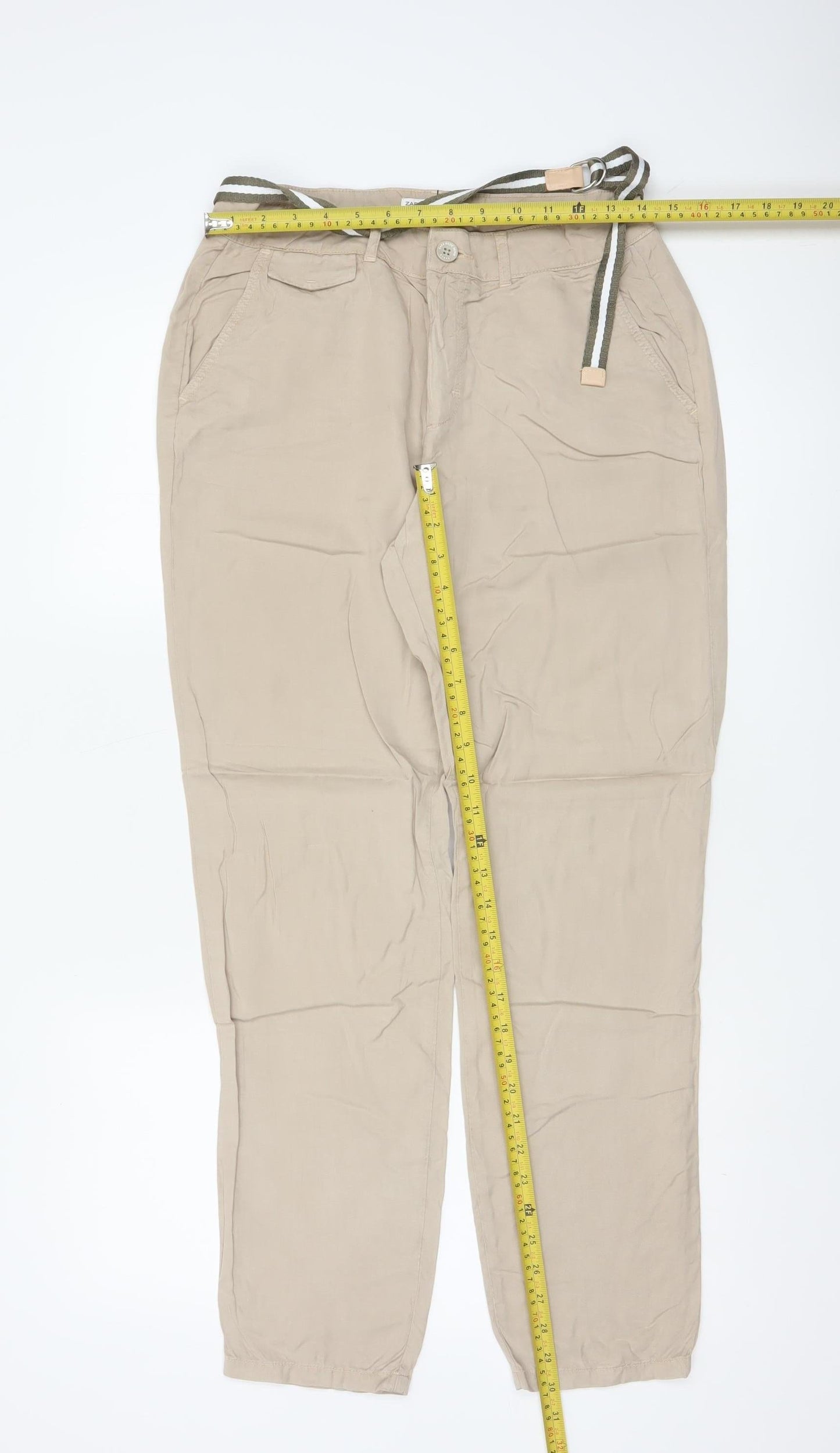 Zara Women’s Beige Lyocell Chino Trousers Size 8 Belted Lightweight