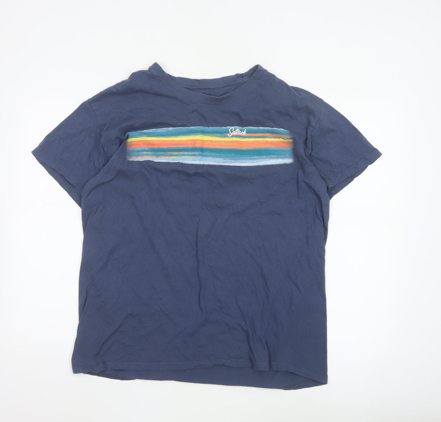 Saltrock Men's Blue Graphic Stripe Cotton T-Shirt Size L Regular Fit