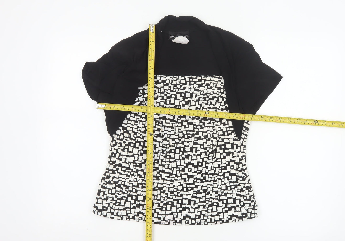 Frank Lyman Women’s Black White Geometric Stretch Tunic Blouse Size 14