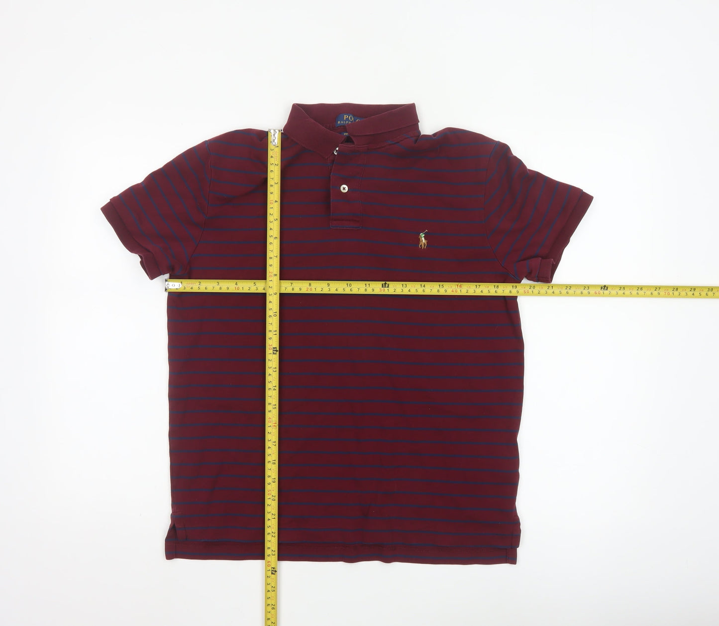 Polo Ralph Lauren Men's Burgundy Navy Striped Cotton Polo Shirt M