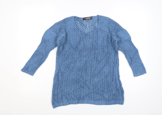 Marks and Spencer Women Blue Open-Knit V-Neck Jumper Size 8