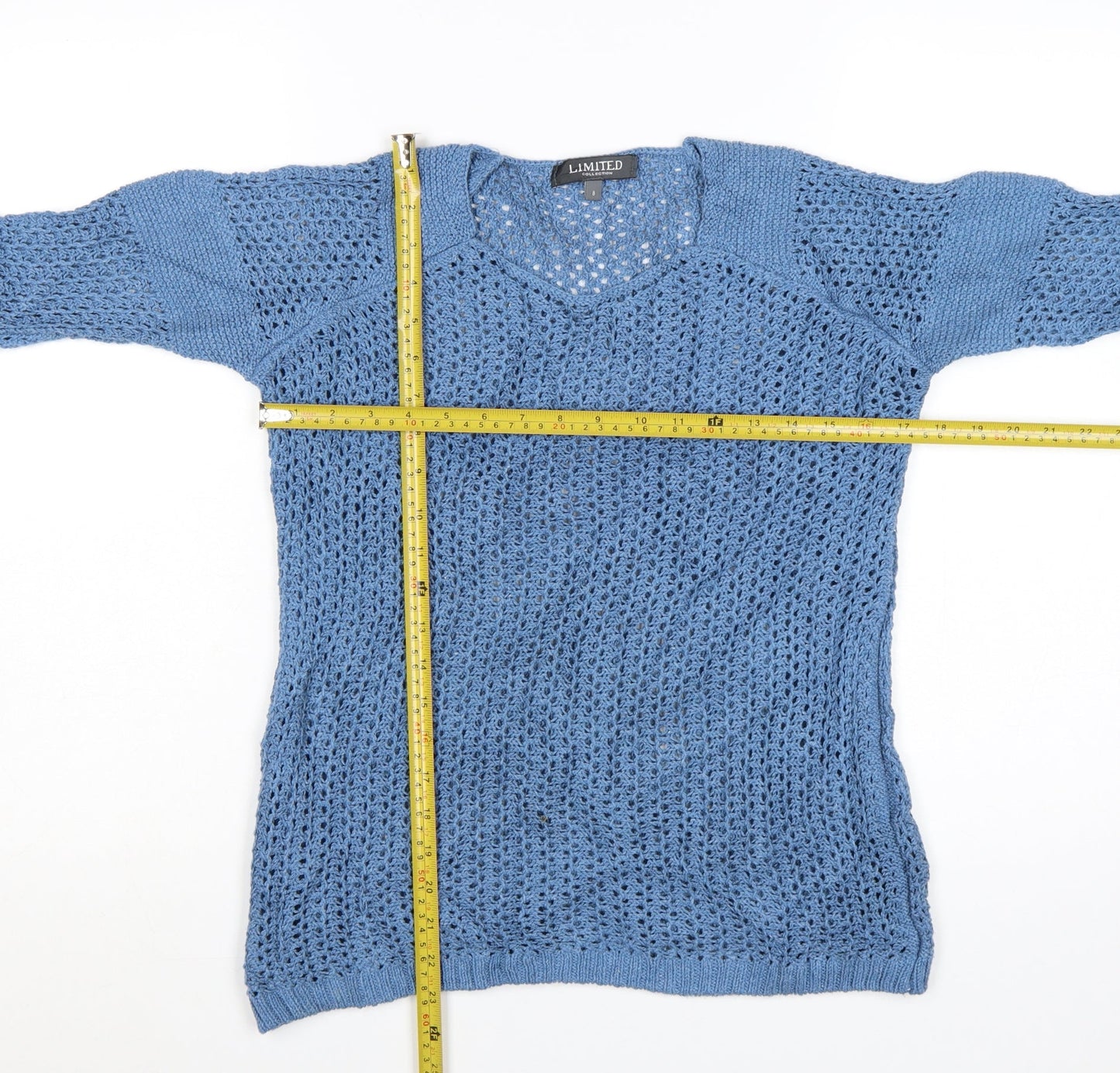Marks and Spencer Women Blue Open-Knit V-Neck Jumper Size 8