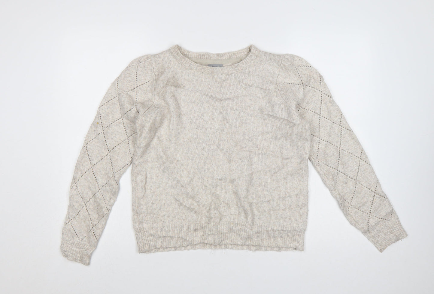 Oliver Bonas Women Beige Knit Argyle Jumper UK 10 Crew Neck