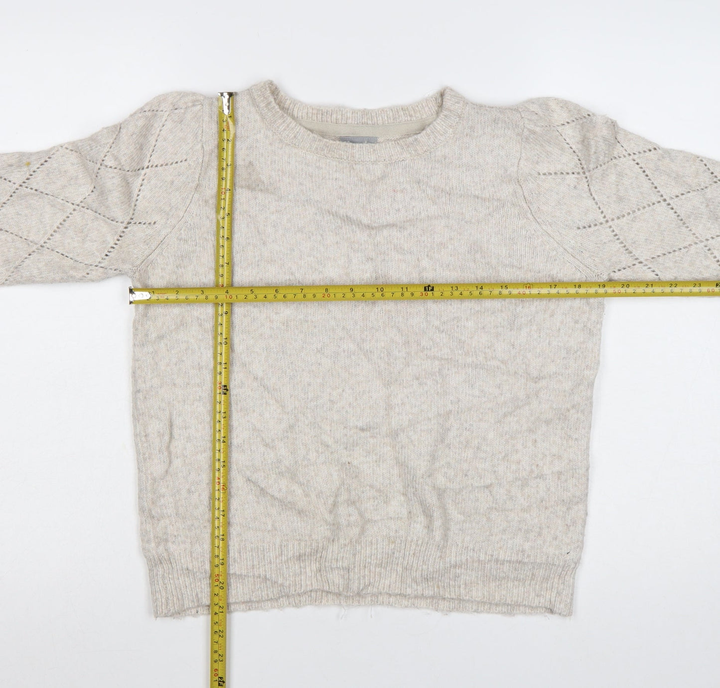 Oliver Bonas Women Beige Knit Argyle Jumper UK 10 Crew Neck
