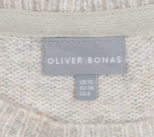 Oliver Bonas Women Beige Knit Argyle Jumper UK 10 Crew Neck