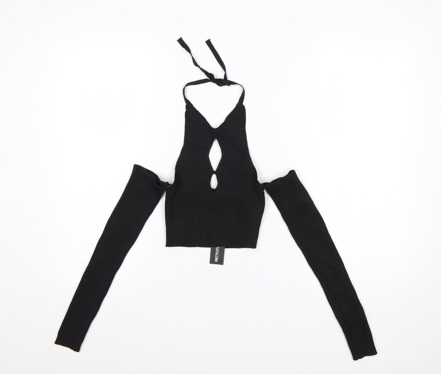 PrettyLittleThing Women's Black Halter Cut-Out Cropped Long Sleeve Top Size S