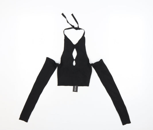 PrettyLittleThing Women's Black Halter Cut-Out Cropped Long Sleeve Top Size S
