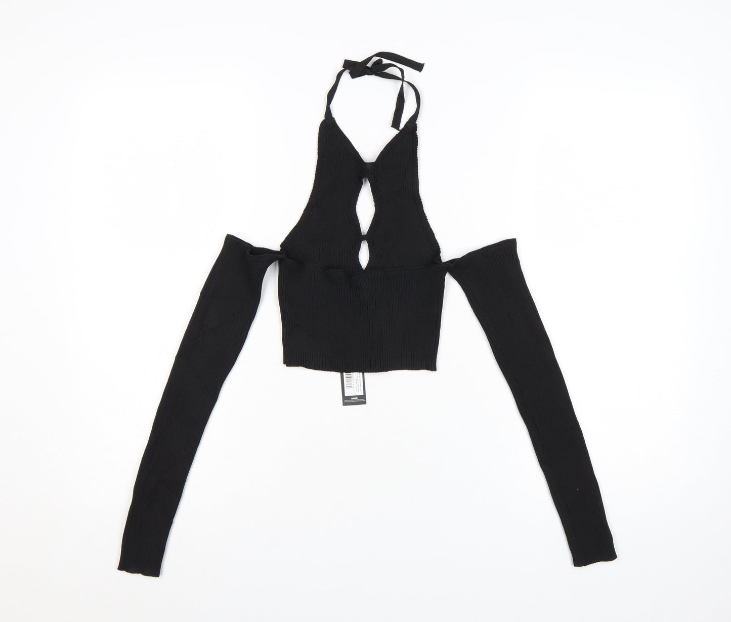 PrettyLittleThing Women's Black Halter Cut-Out Cropped Long Sleeve Top Size S