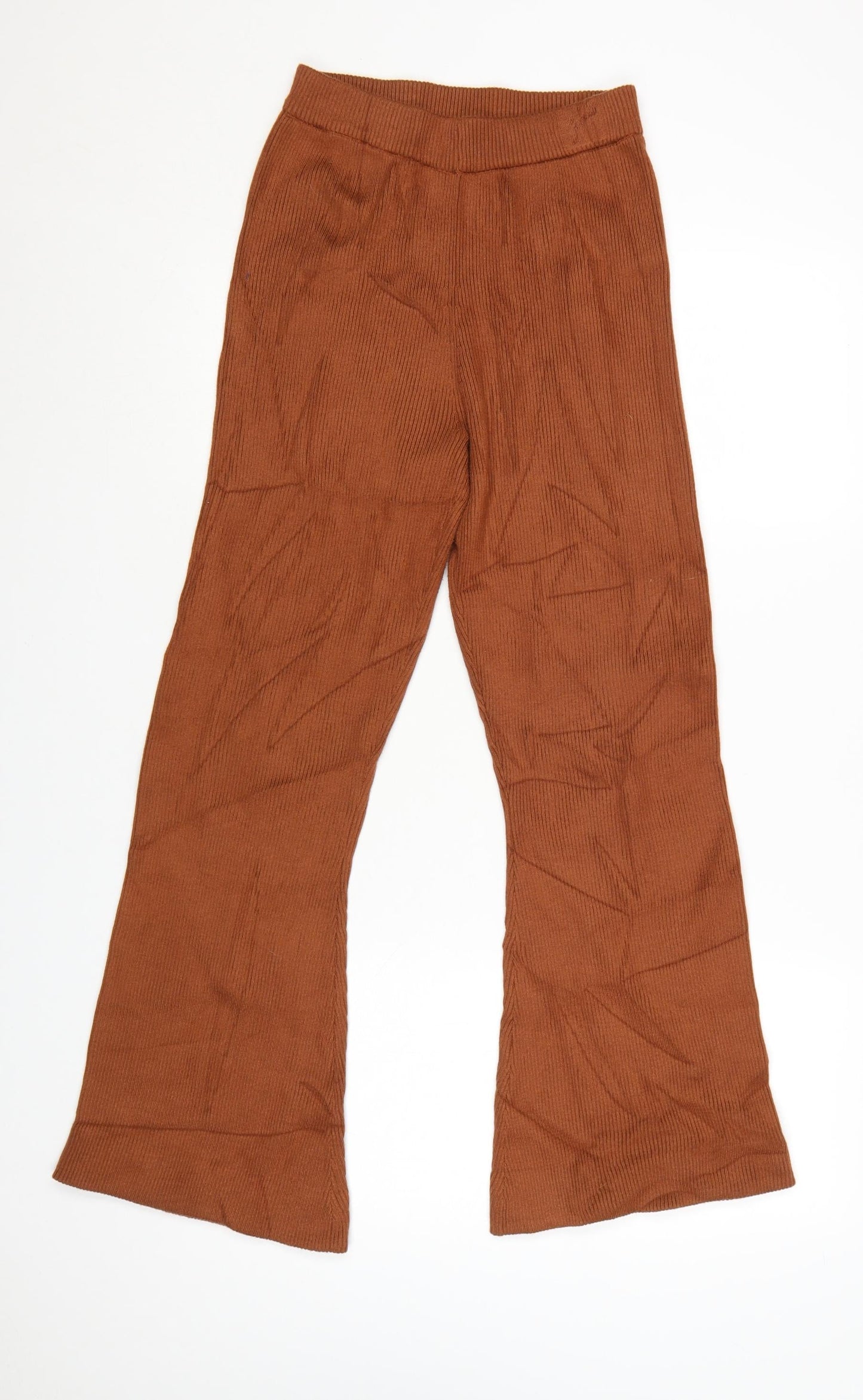 Jaspal Women Brown Ribbed Flared Trousers Size S Viscose Blend