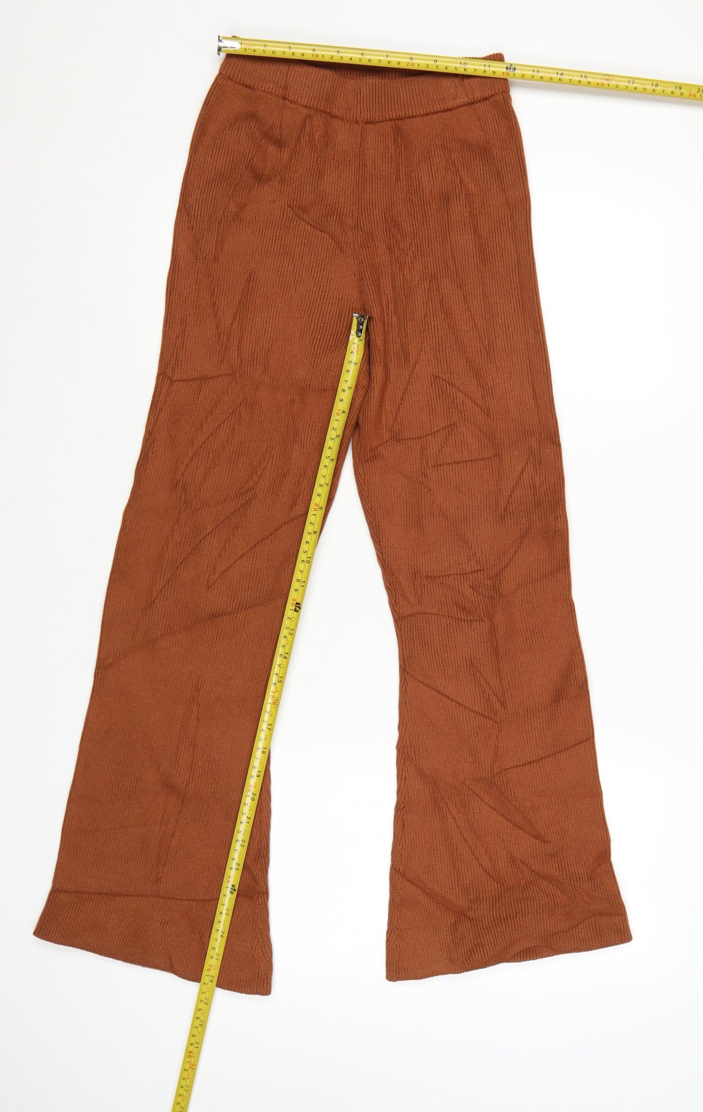 Jaspal Women Brown Ribbed Flared Trousers Size S Viscose Blend