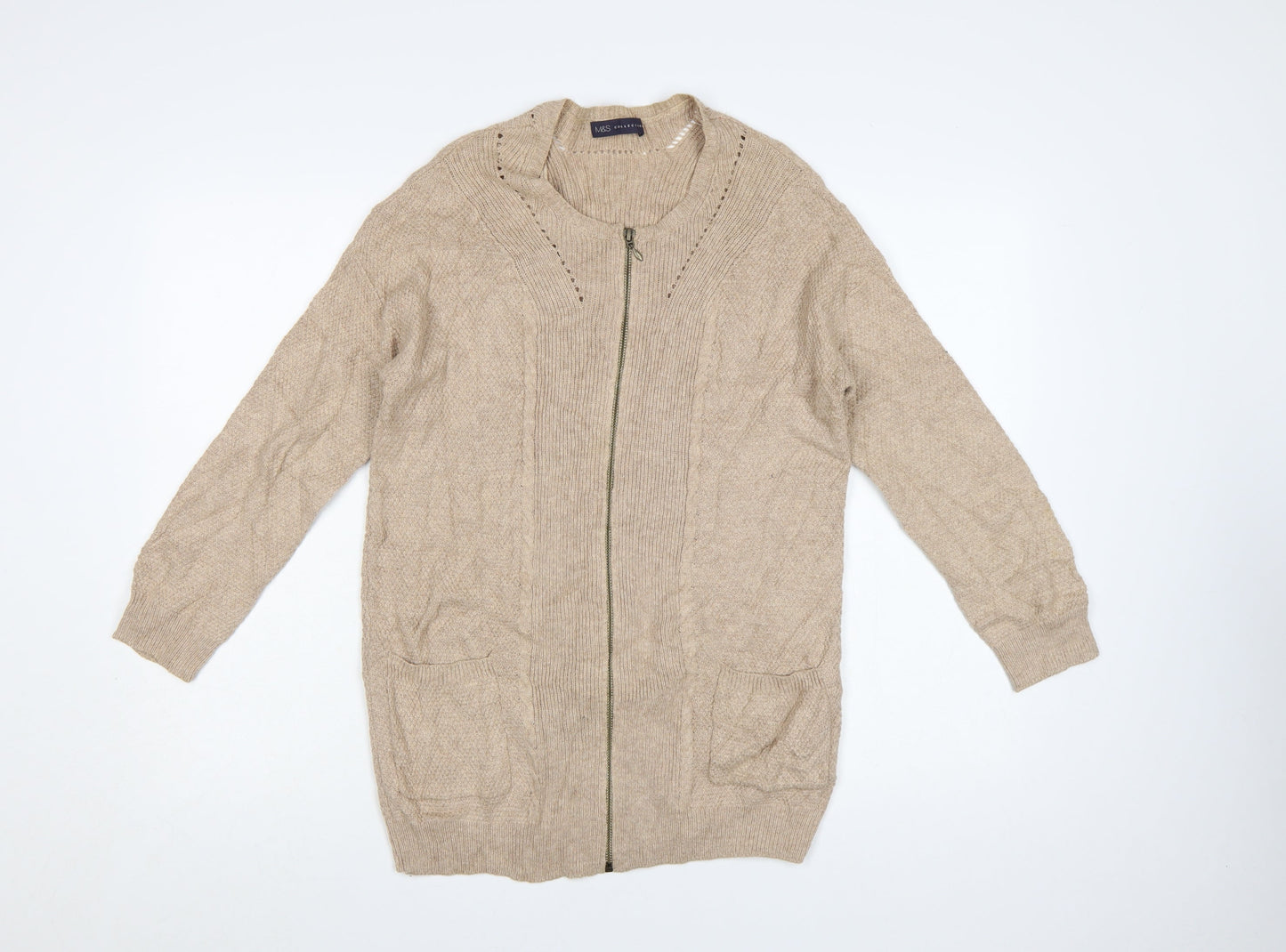 Marks and Spencer Womens Beige Full Zip Knit Cotton Blend Jumper Size 8