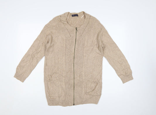 Marks and Spencer Womens Beige Full Zip Knit Cotton Blend Jumper Size 8