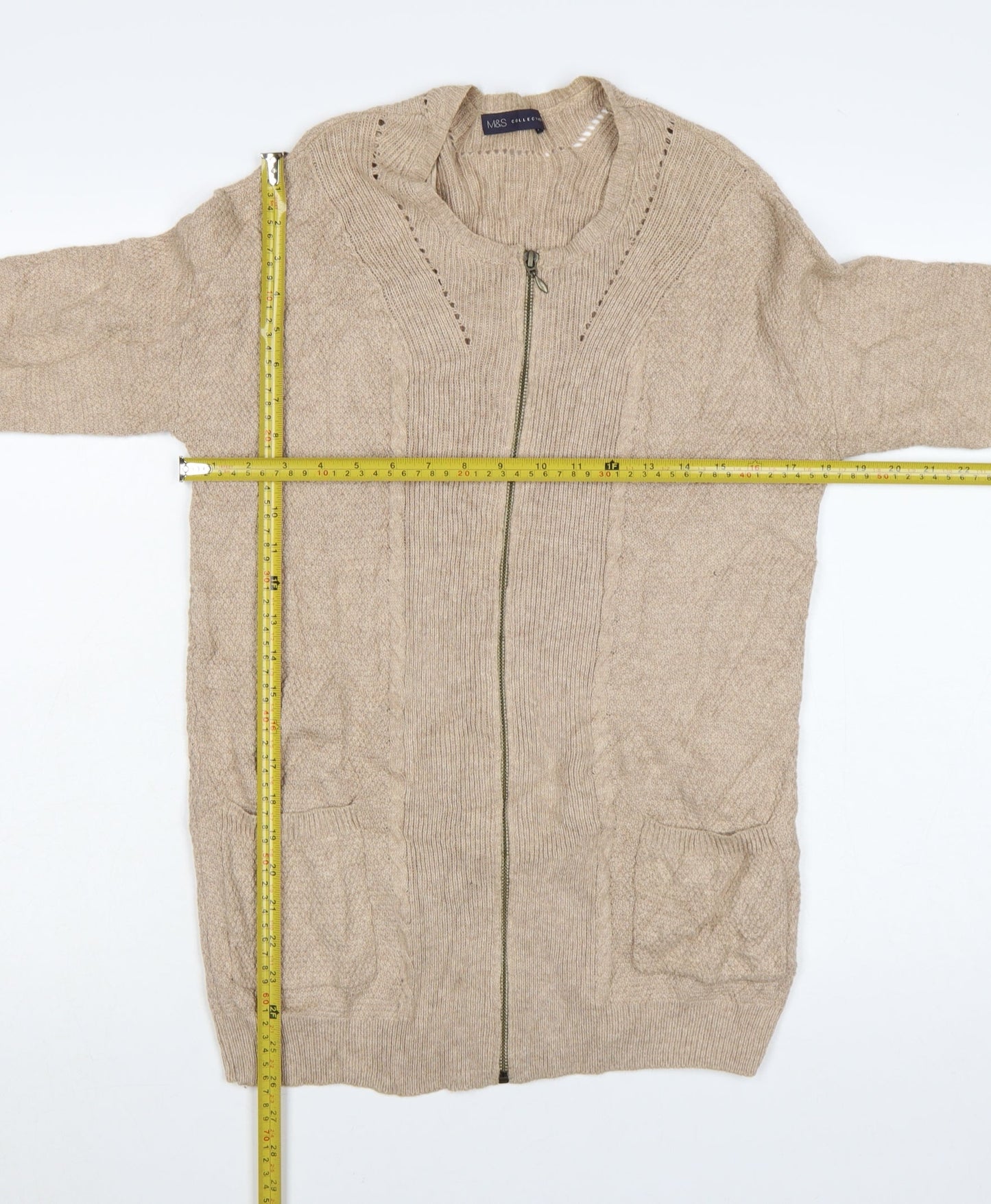Marks and Spencer Womens Beige Full Zip Knit Cotton Blend Jumper Size 8