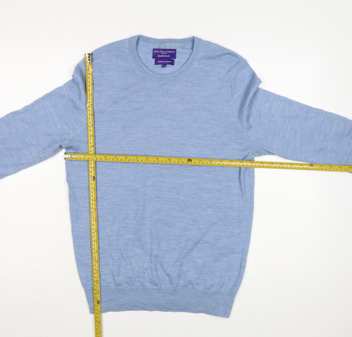 Savile Row Company Mens Blue Merino Blend Crew Neck Jumper M