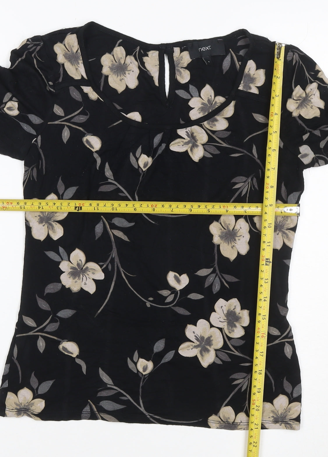 Next Women's Black Floral Short Sleeve Blouse Size 8