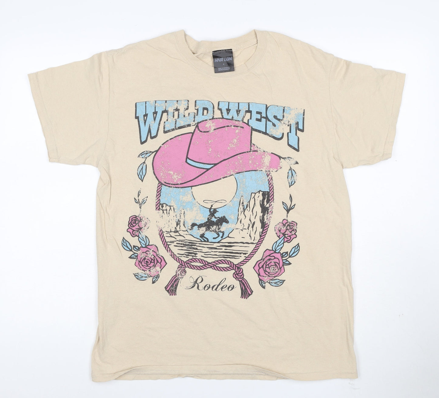 HNR LDN Men Beige Wild West Rodeo Graphic Cotton T-Shirt Size S