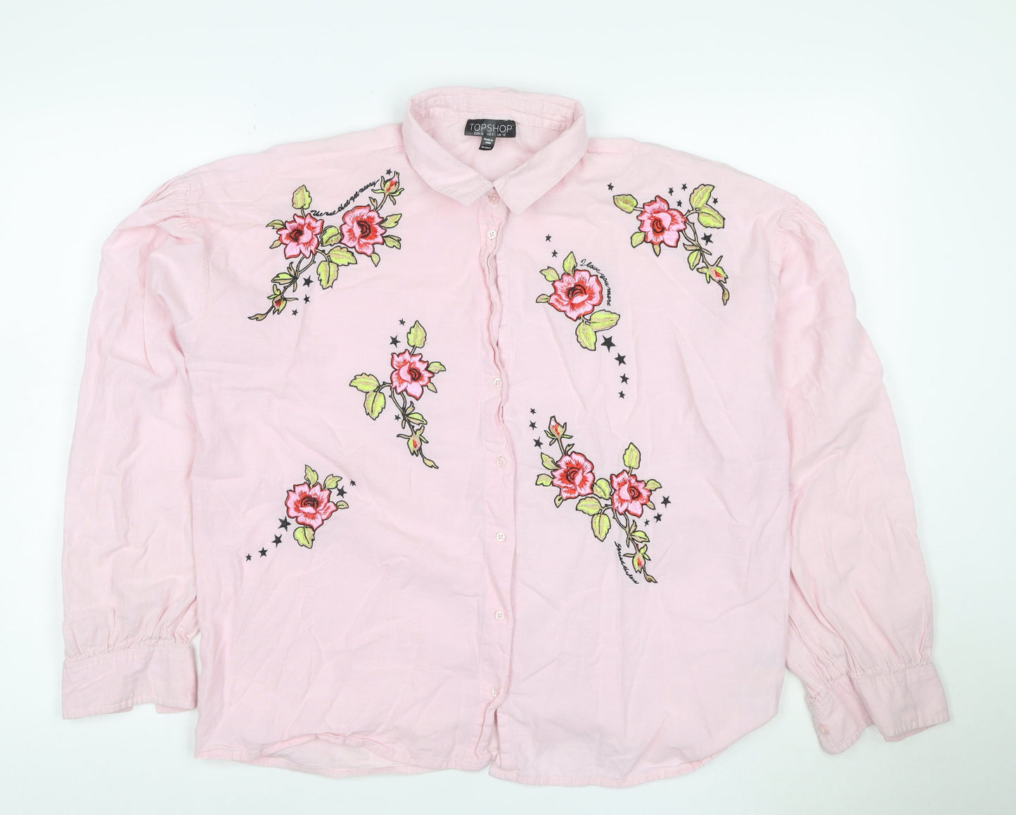 Topshop Women's Pink Floral Embroidered Cotton Button-Up Shirt UK 10