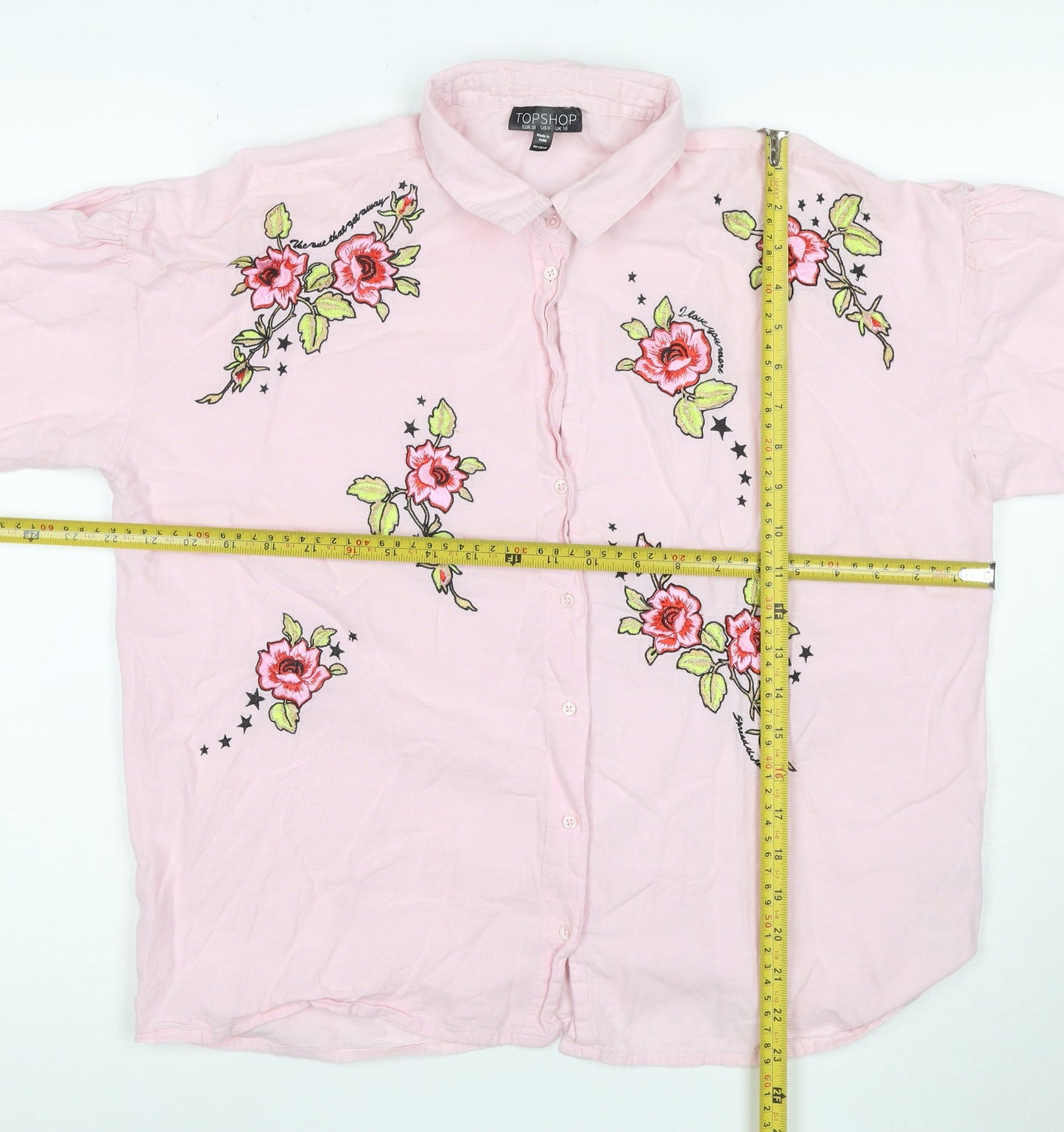 Topshop Women's Pink Floral Embroidered Cotton Button-Up Shirt UK 10