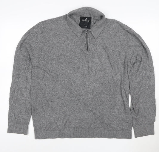 Hollister Men's Grey Collared 1/2 Zip Knit Jumper Size L