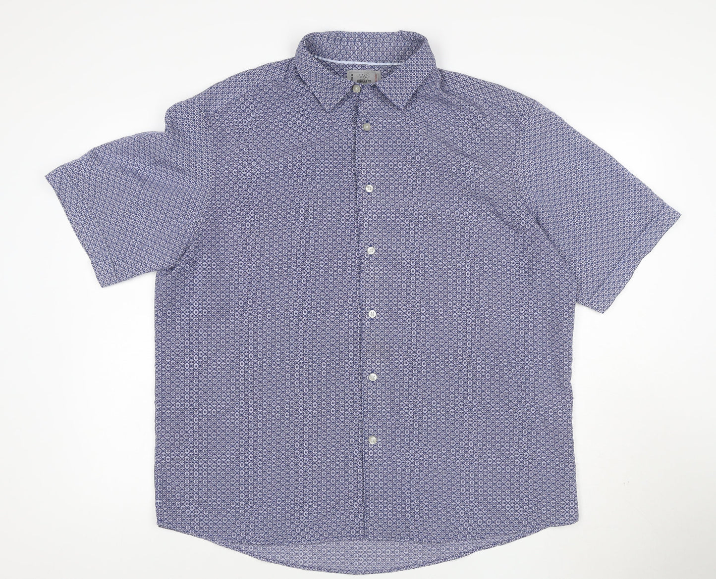 Marks and Spencer Men's Blue Geometric Short Sleeve XL Casual Shirt