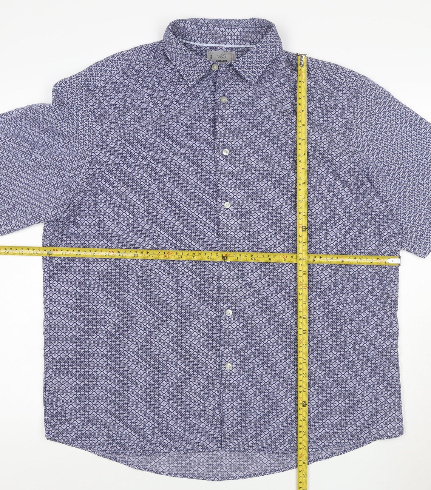 Marks and Spencer Men's Blue Geometric Short Sleeve XL Casual Shirt