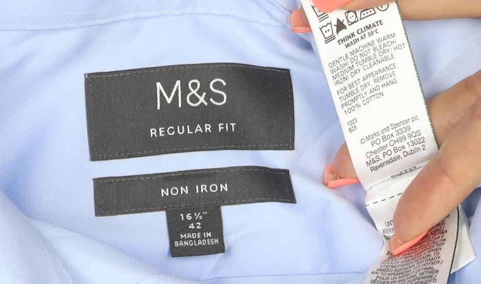 Marks and Spencer Mens Blue Regular Fit Non-Iron Cotton Shirt 16.5 42in