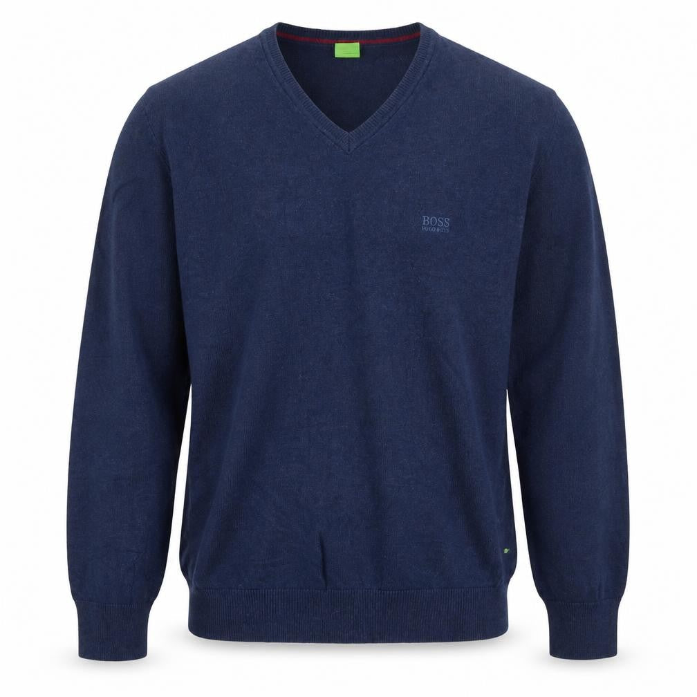 BOSS Mens Blue 2XL V-Neck Cotton Pullover Jumper with Elbow Patches