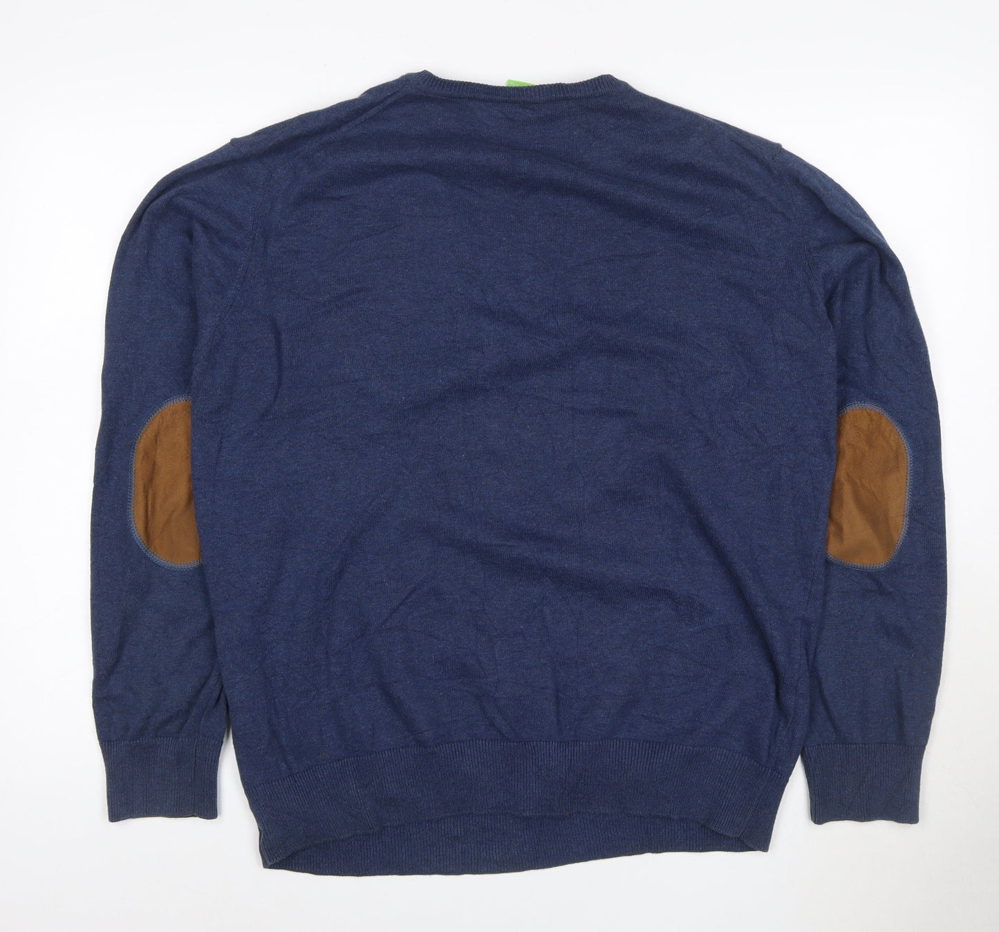 BOSS Mens Blue 2XL V-Neck Cotton Pullover Jumper with Elbow Patches