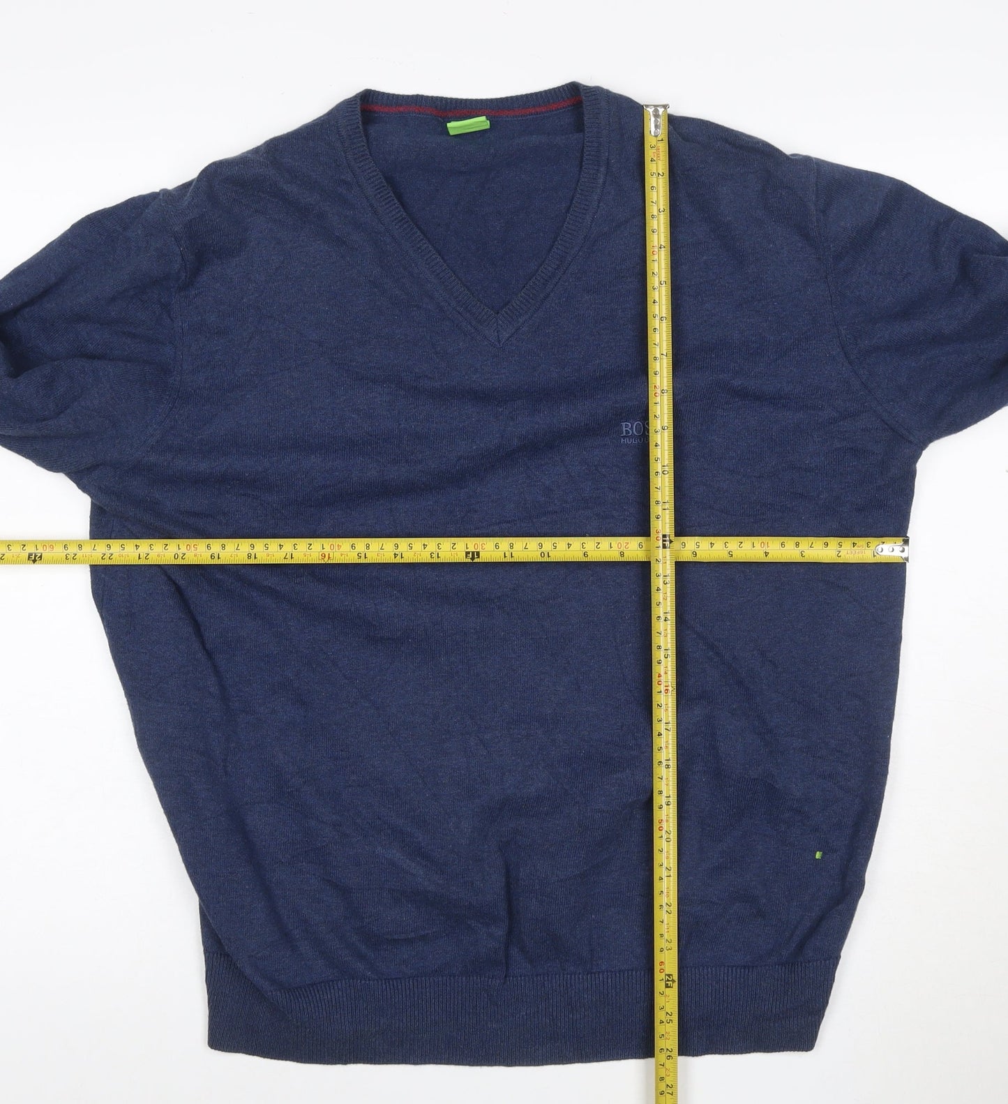 BOSS Mens Blue 2XL V-Neck Cotton Pullover Jumper with Elbow Patches