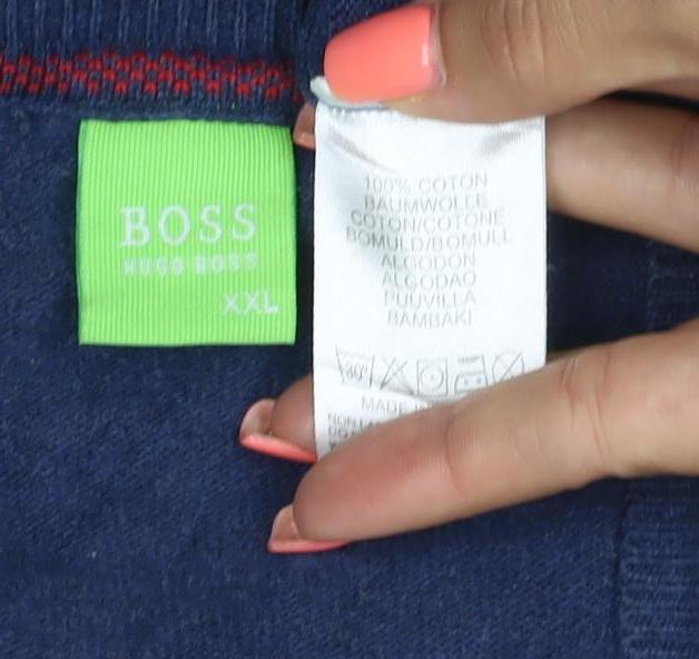 BOSS Mens Blue 2XL V-Neck Cotton Pullover Jumper with Elbow Patches