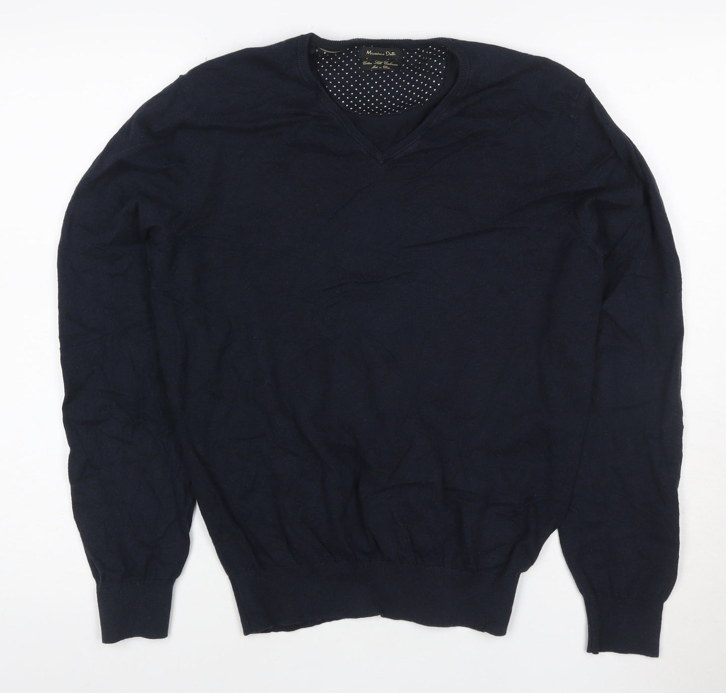 Massimo Dutti Women's Blue V-Neck Cotton Cashmere Jumper Size M