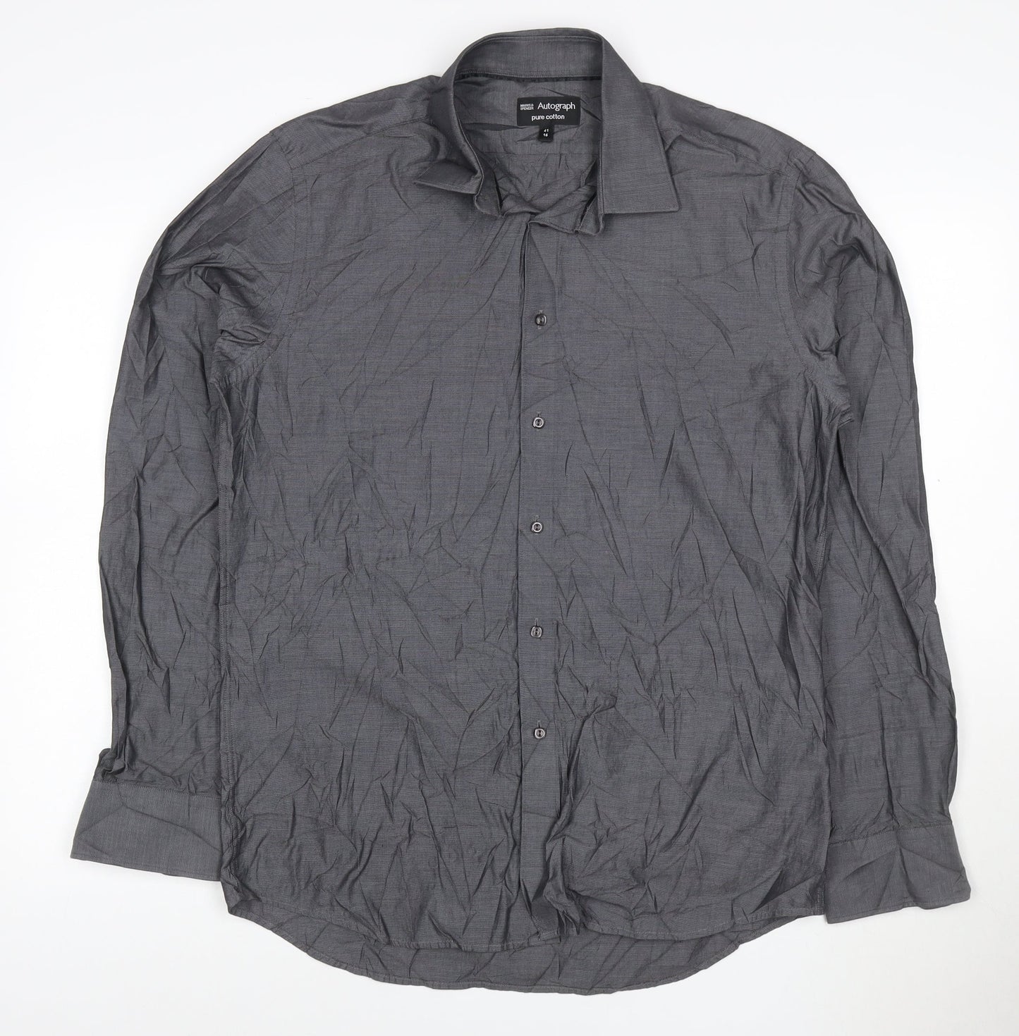 Marks and Spencer Autograph Grey Pure Cotton Men's 16 Regular Fit Long Sleeve Shirt