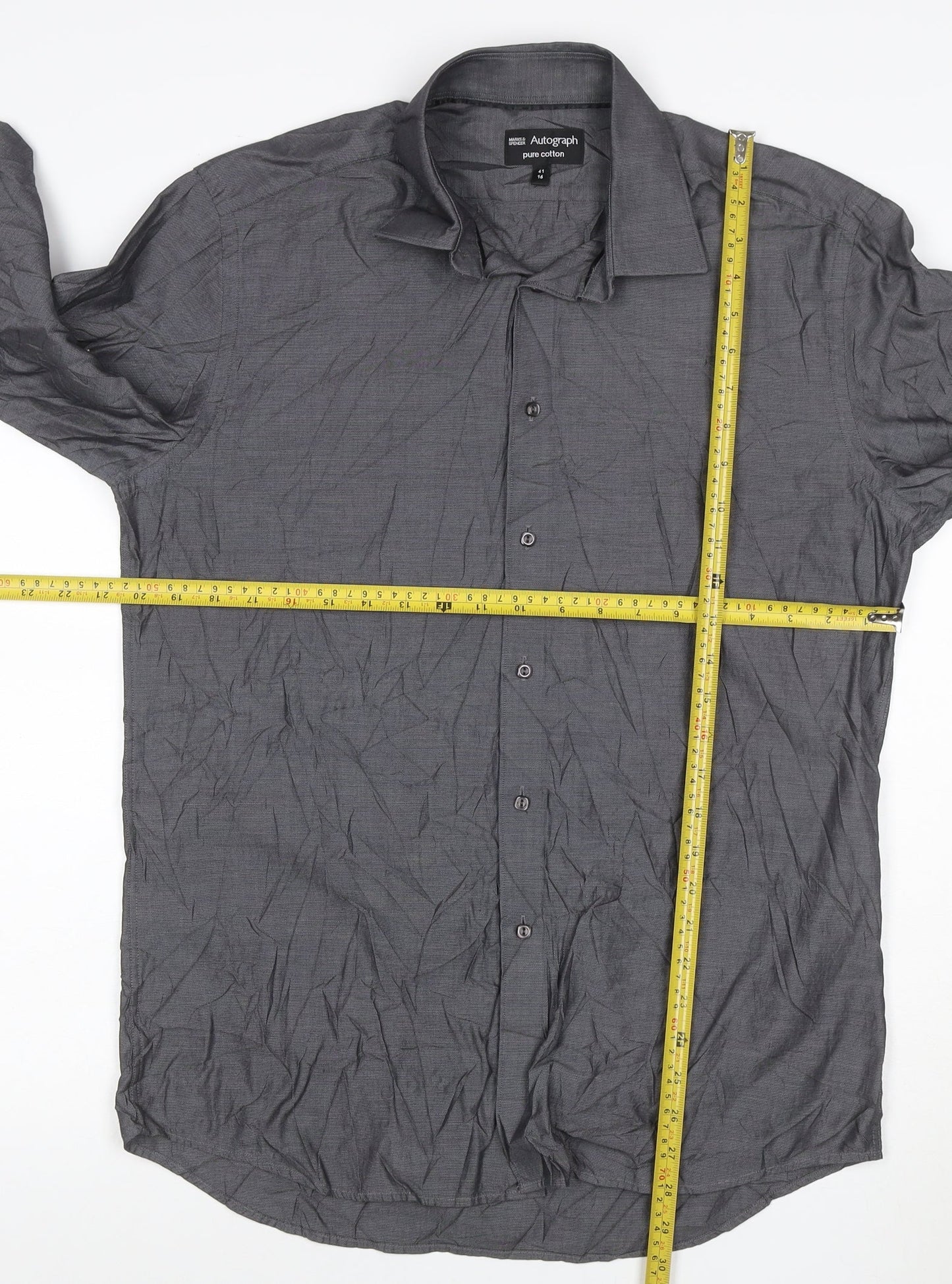 Marks and Spencer Autograph Grey Pure Cotton Men's 16 Regular Fit Long Sleeve Shirt