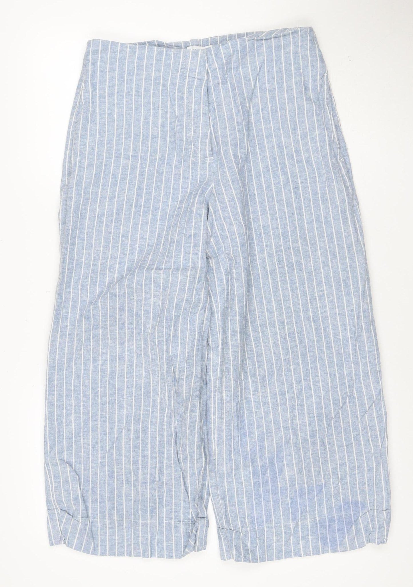 Warehouse Women Blue Striped Linen Blend Wide-Leg Trousers UK 12