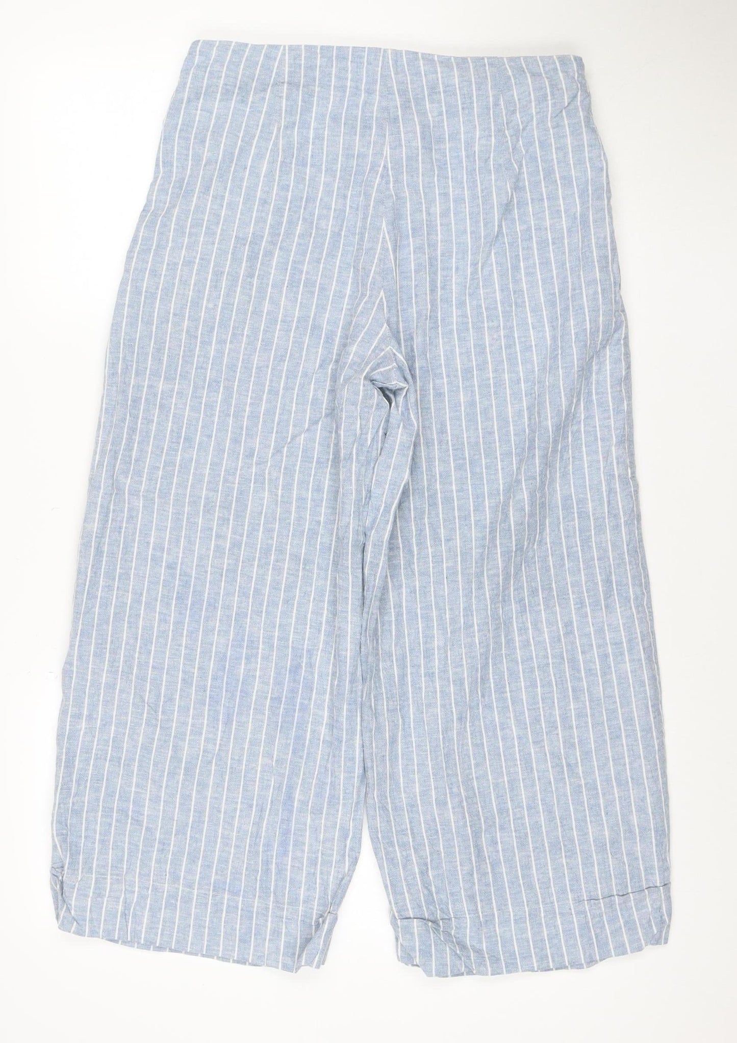 Warehouse Women Blue Striped Linen Blend Wide-Leg Trousers UK 12