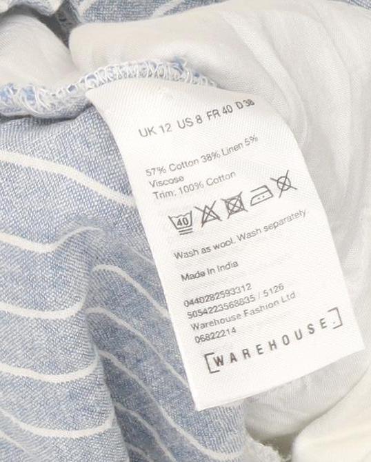 Warehouse Women Blue Striped Linen Blend Wide-Leg Trousers UK 12