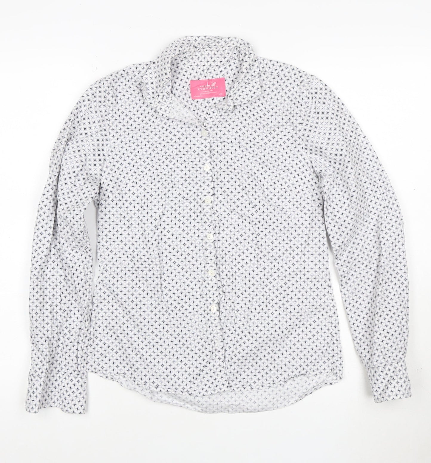 Charles Tyrwhitt Women's White Geometric Cotton Button-Up Shirt UK 8