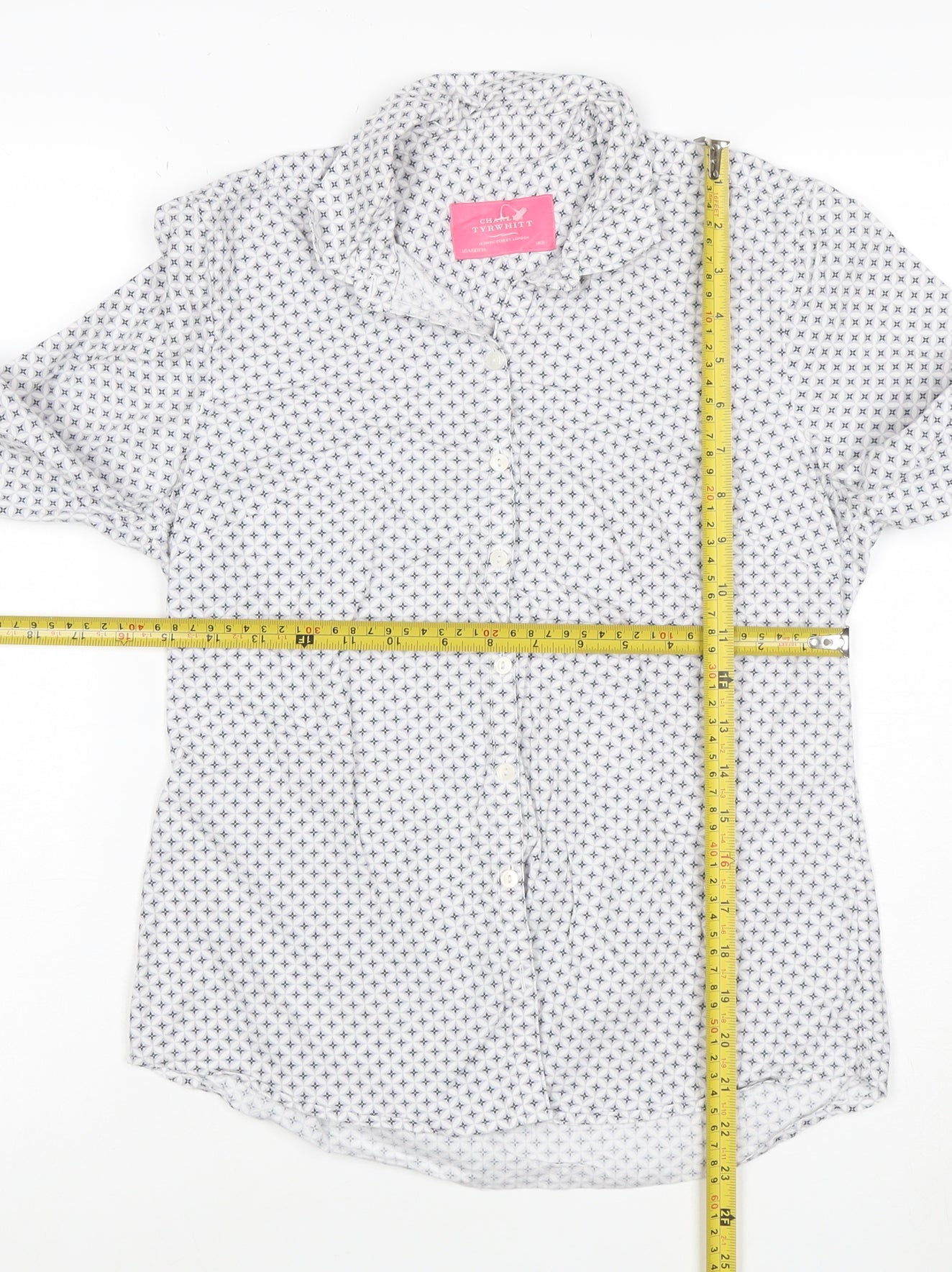 Charles Tyrwhitt Women's White Geometric Cotton Button-Up Shirt UK 8