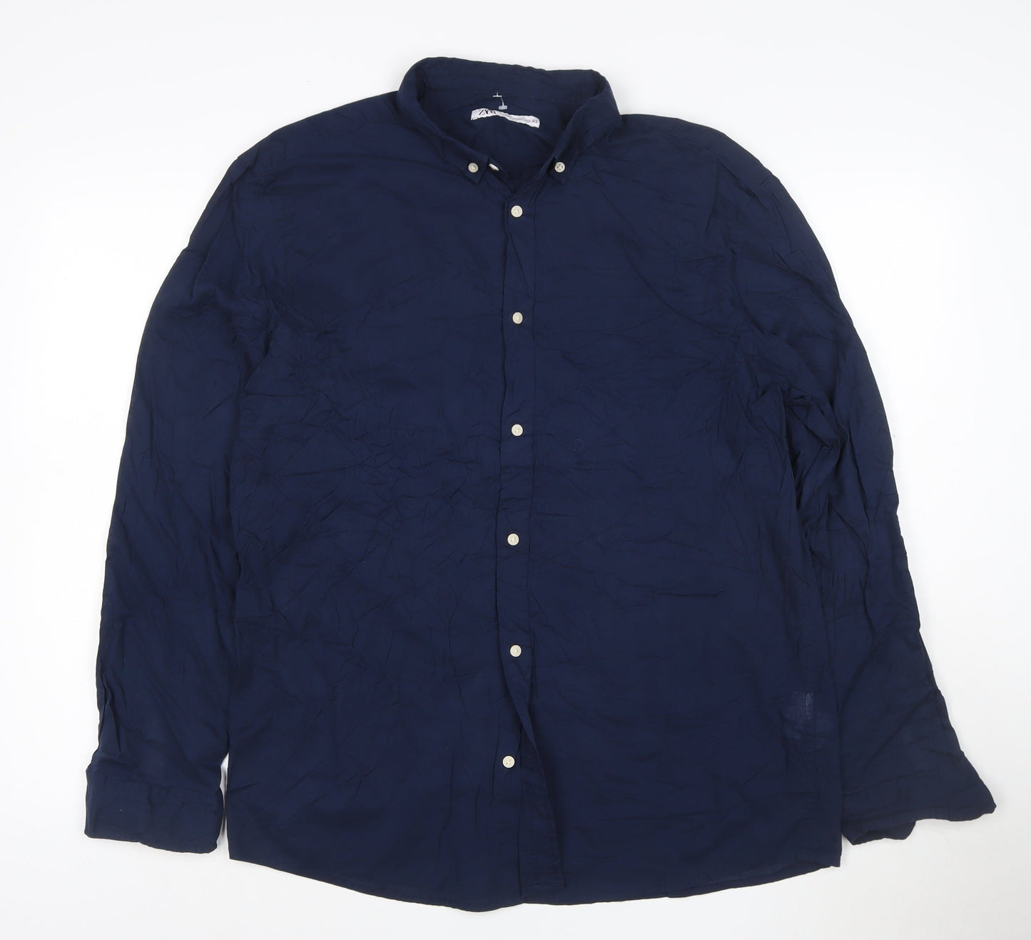 ZARA Men Blue Cotton Button-Down Long Sleeve Casual Shirt XL