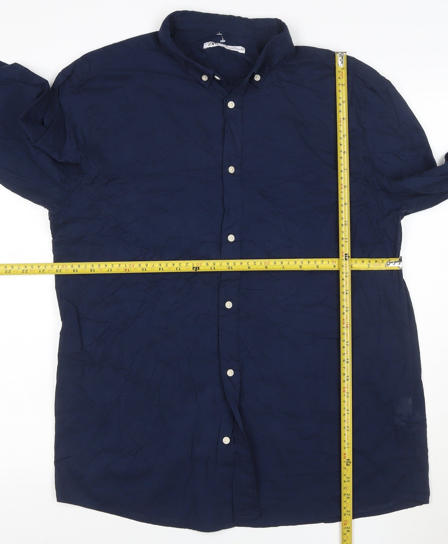 ZARA Men Blue Cotton Button-Down Long Sleeve Casual Shirt XL