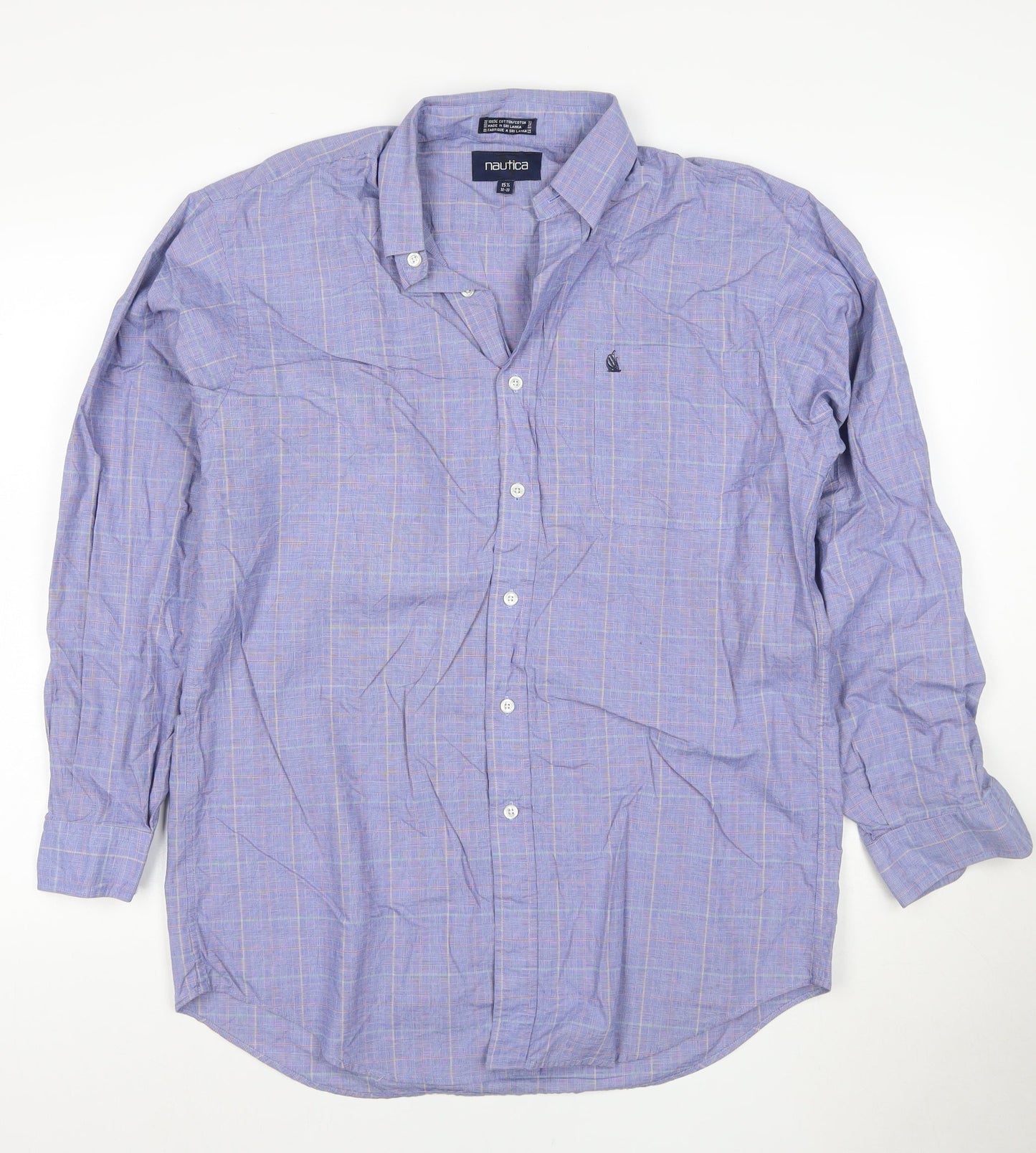 Nautica Men's Blue Check 15.5 Button-Down Long Sleeve Cotton Shirt