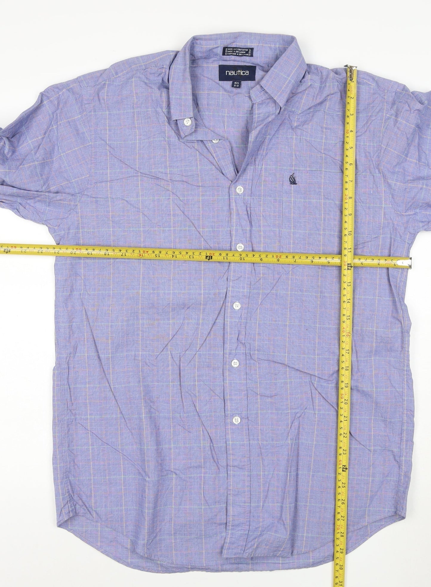 Nautica Men's Blue Check 15.5 Button-Down Long Sleeve Cotton Shirt