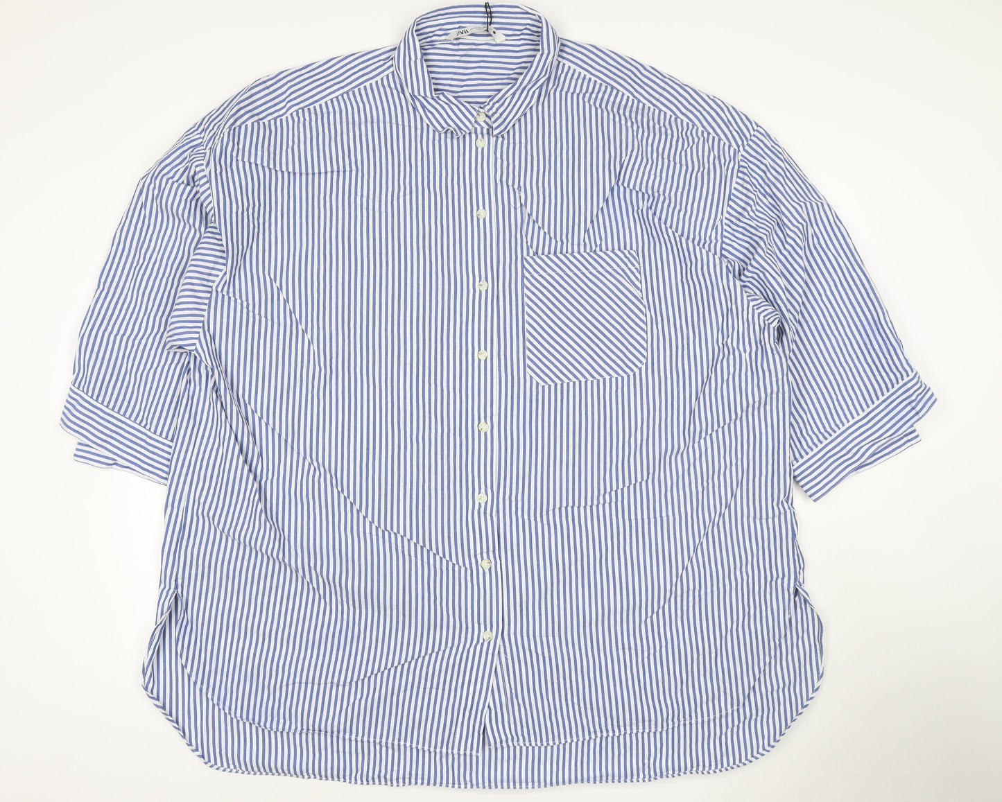 ZARA Men's Blue Striped Cotton Button-Up Shirt 2XL Regular Fit