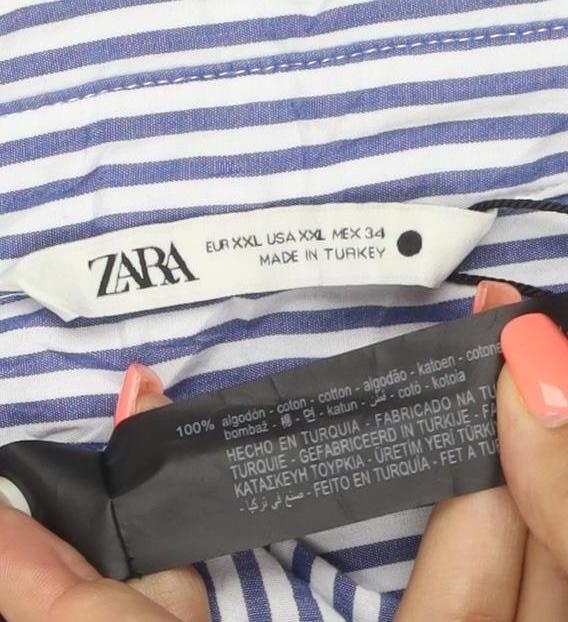 ZARA Men's Blue Striped Cotton Button-Up Shirt 2XL Regular Fit