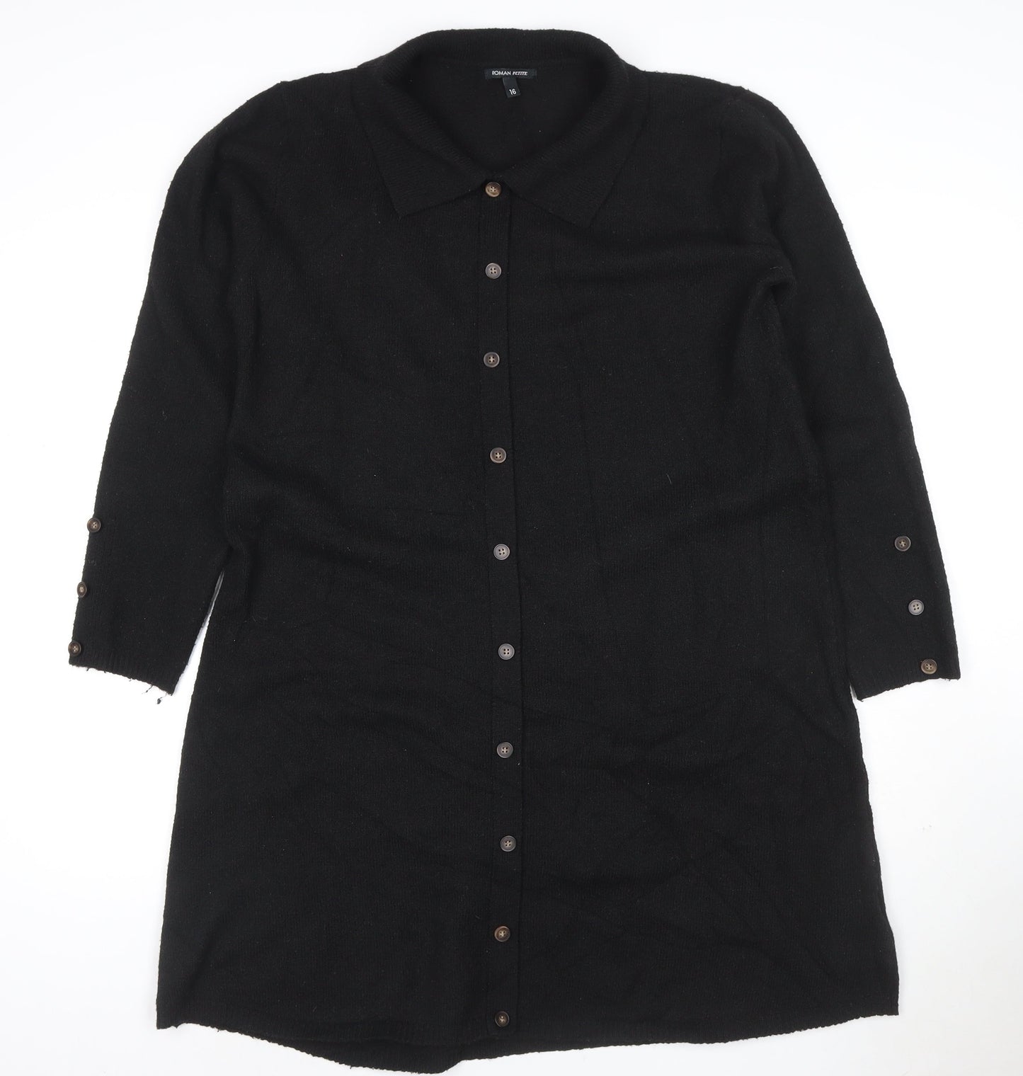 Roman Petite Black Knit Collared Button Knee Length Shirt Dress Size 16