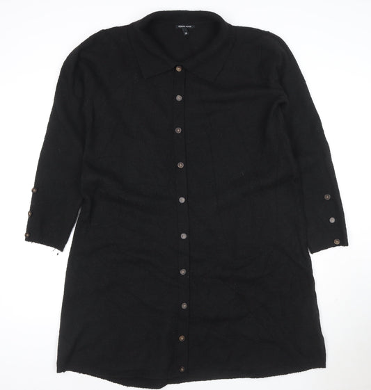 Roman Petite Black Knit Collared Button Knee Length Shirt Dress Size 16