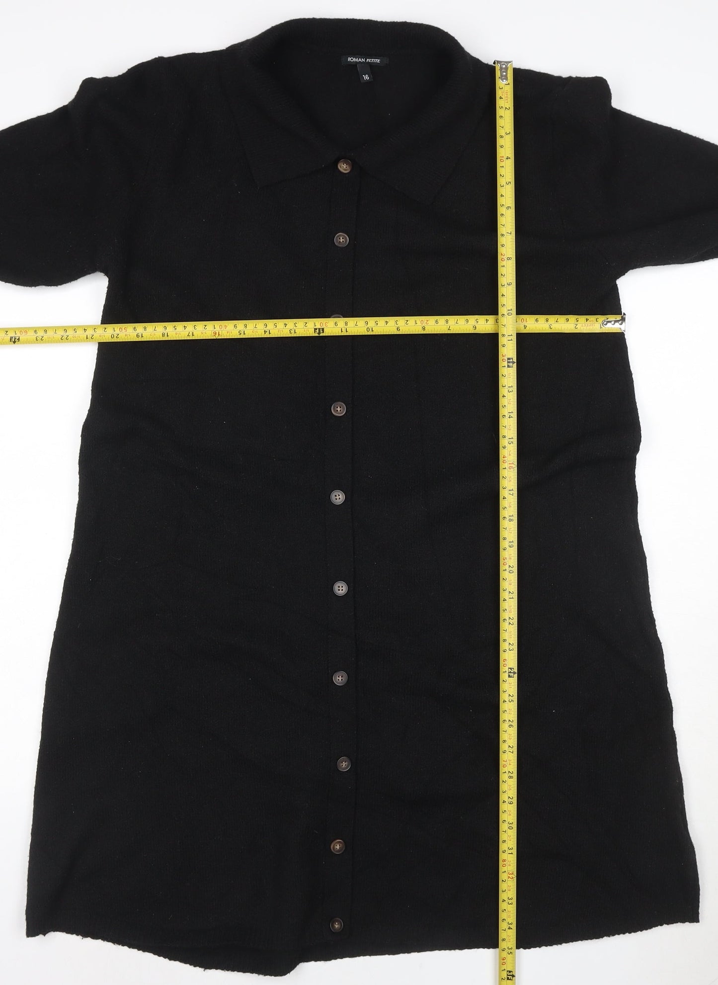 Roman Petite Black Knit Collared Button Knee Length Shirt Dress Size 16